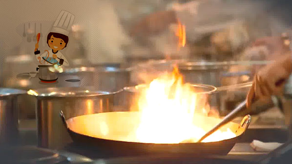 正在炒菜的小旗，制作美味佳肴