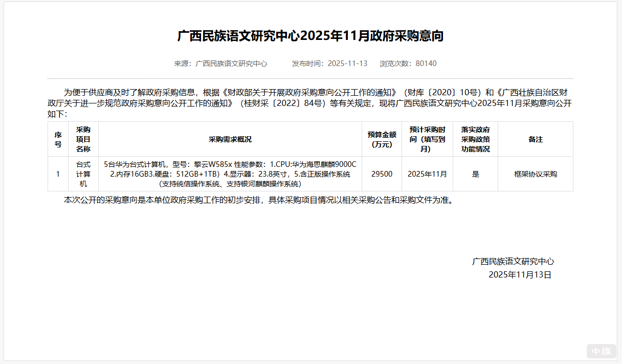 廣西民族語(yǔ)文研究中心2025年11月政府采購(gòu)意向